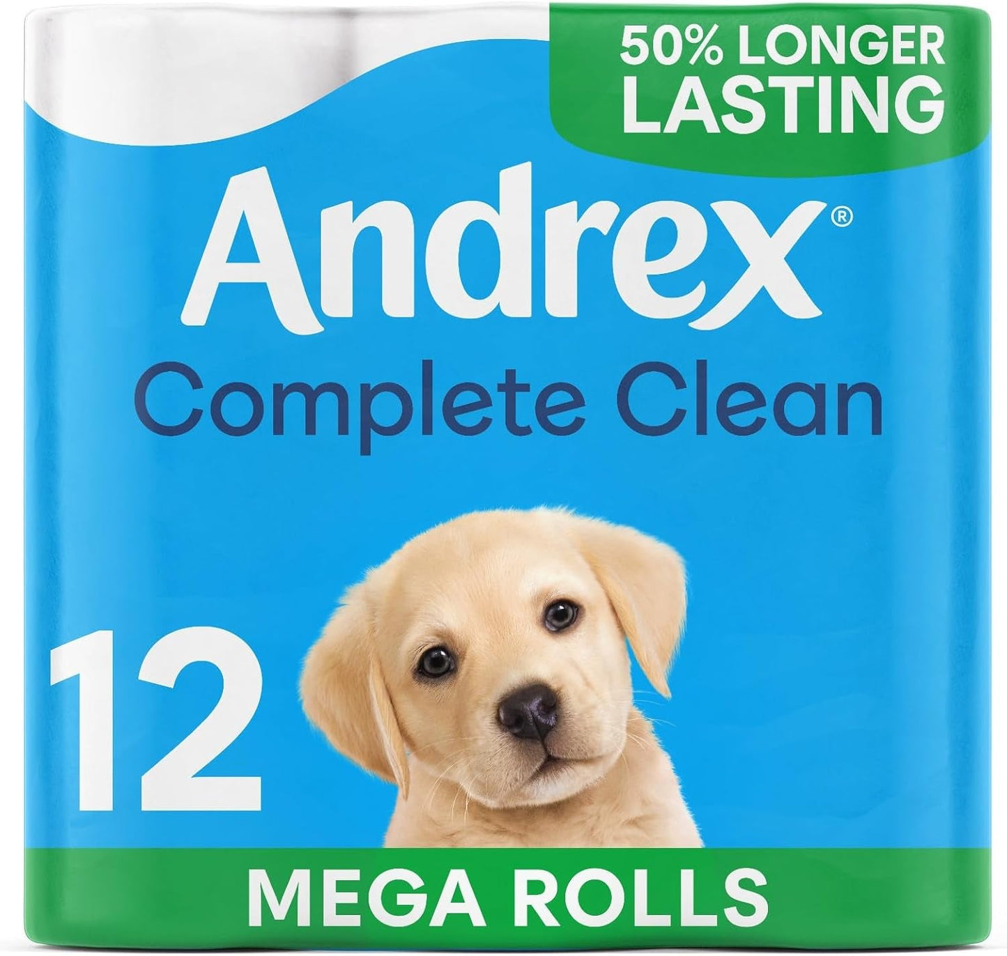 Andrex Complete Clean Toilet Tissue; 12 Mega Rolls, 50% Longer Lasting Toilet Paper with Unique 3D Wave Texture for a Proven, Effective Clean FSC Certified