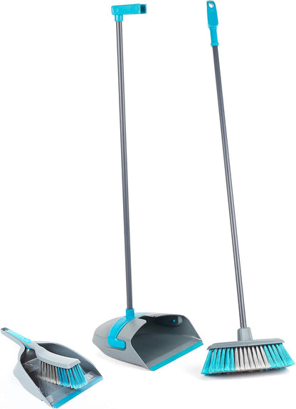 Beldray LA024152TQ Cleaning Bundle with Broom - Dustpan and Brush Set, Scrubbing & Dish Brushes, Long Handled Indoor Floor Sweeping, Washing up Brushes, Bathroom/Tile/Grout Cleaner, Soft Grip, Blue