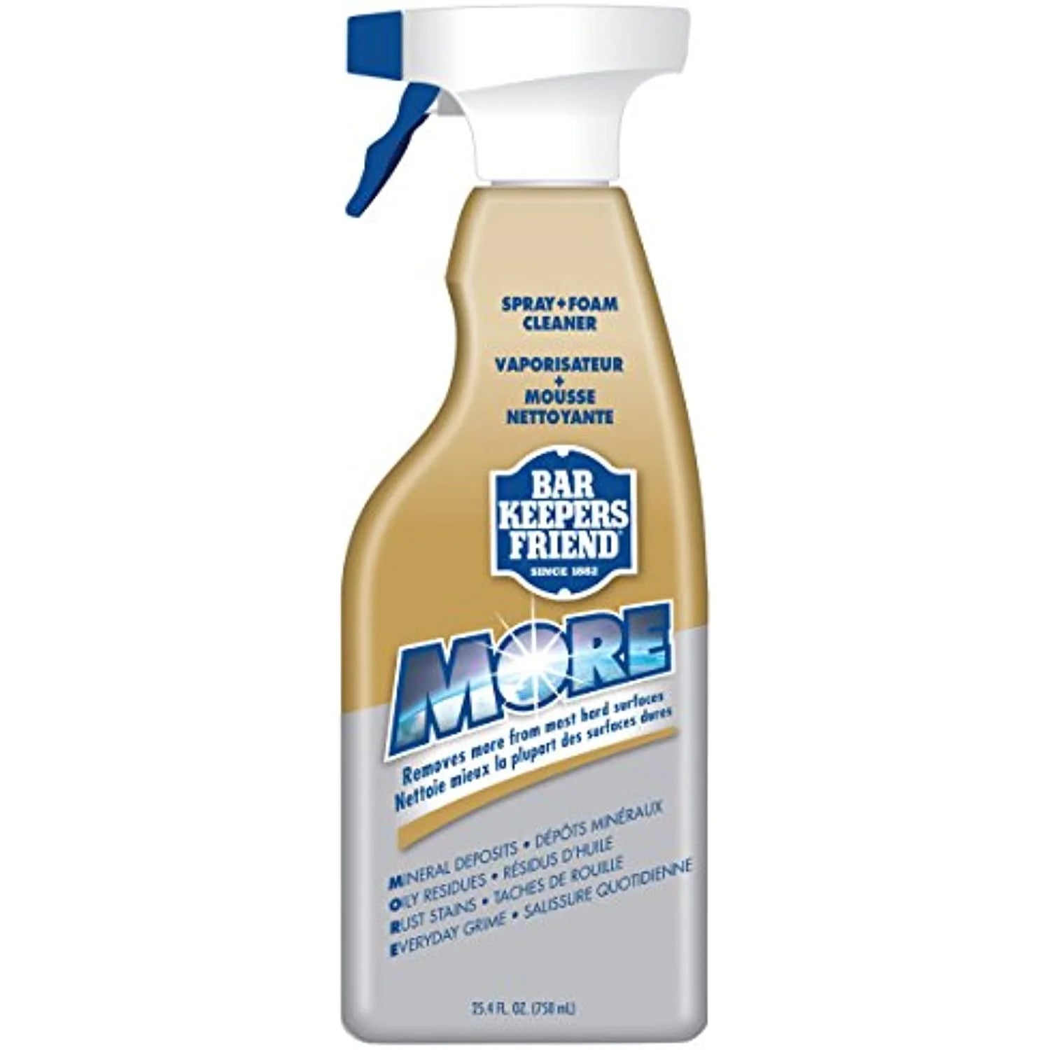 Bar Keepers Friend More Spray + Foam (25.4 Oz - English/French) - Multipurpose Cleanser and Rust Stain Remover - for Countertops, Sinks, Bathtubs, Showers, Fixtures, Tile, Outdoor Grills, and More