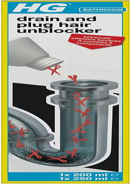 HG Drain and Plug Hair Unblocker, Removes Hair from Showers, Baths, Sinks & Plug Holes, Unblocks Blocked Bathroom Pipes & Drains Quickly & Easily (200 Ml + 250 Ml) - 667045106