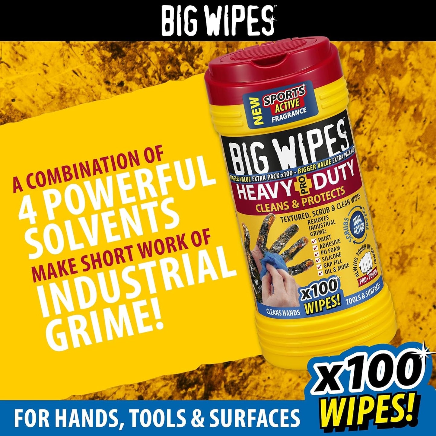 Big Wipes Heavy Duty Pro+ Wipes in Dispenser Tub (X100) Textured Dual-Sided Hand Wipes with Skincare Cleans Hands, Tools & Surfaces. Heavy Duty Wipes & Industrial Cleaning Products for Tradespeople