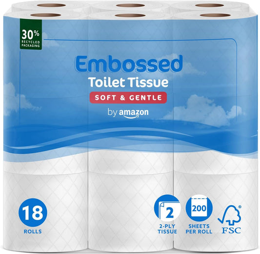 By Amazon Toilet Roll, 2-Ply Embossed, Soft and Gentle, 18 Rolls (Pack of 1), 200 Sheets per Roll, FSC Certified