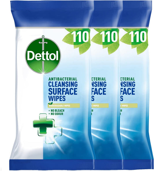 Dettol Antibacterial Biodegradable Cleaning Wipes, 330 Total (3X110), Kitchen, Bathroom, Floor Disinfectant, Eco-Friendly, Multi-Surface, Germ Protection, Fresh Scent