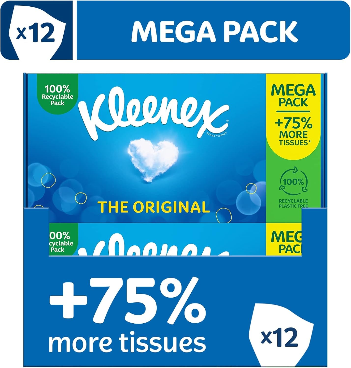 Kleenex Original Tissues, Mega Pack – 1,344 Sheets (12 Boxes X 112 Sheets) - Always Soft and Strong for Everyday Use - Now 75% More Tissues in a Box