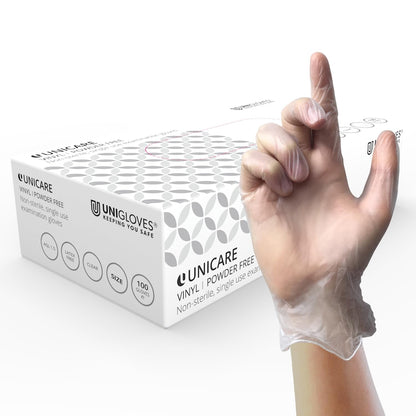 Unigloves Unicare Vinyl Multipurpose Disposable Gloves, Powder Free, Latex Free, Medium Weight, Box of 100 Gloves, Clear, Size Medium (GS0063)