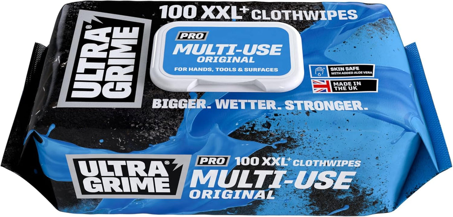 Ultragrime PRO Multiuse Cleaning Wet Wipes - Big Professional Disposable Wipes - Tougher Multi-Purpose Heavy-Duty Grime Cleaning Cloths (100 Thick Large Wipes)