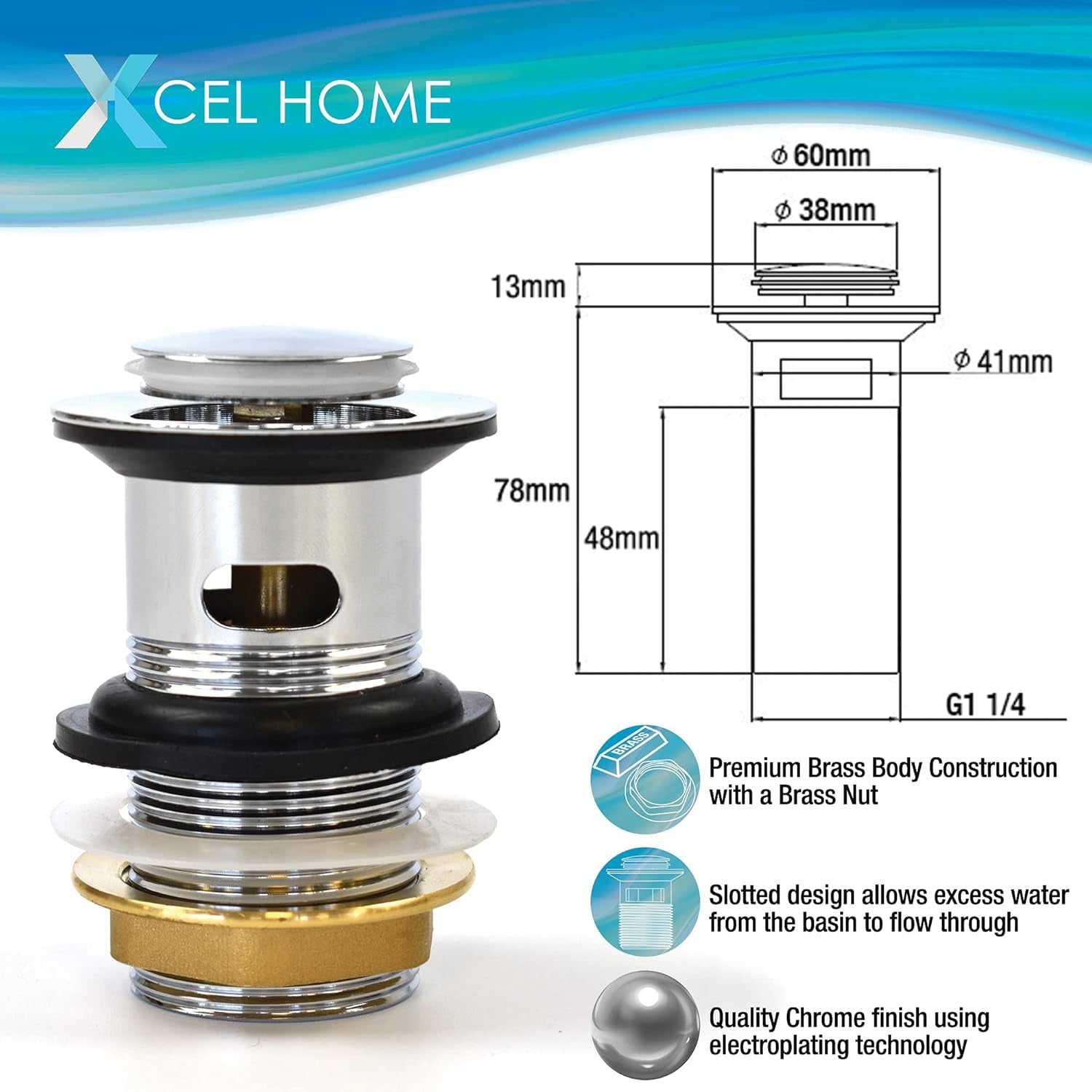 Xcel Home Slotted Chrome Click Clack Basin Waste - Durable Replacement Brass Pop-Up Sink Basin Plug with Seal - Universal Standard G 1 1/4" BSP Connection for Smooth Drainage & Easy Installation