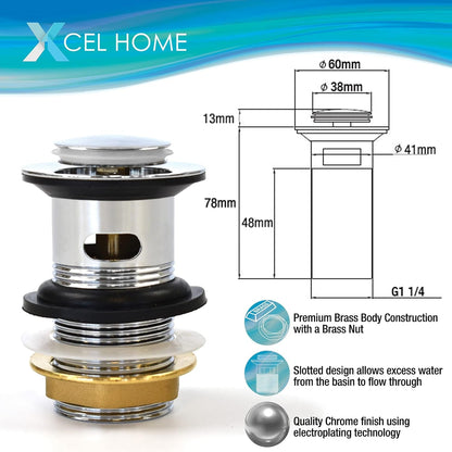 Xcel Home Slotted Chrome Click Clack Basin Waste - Durable Replacement Brass Pop-Up Sink Basin Plug with Seal - Universal Standard G 1 1/4" BSP Connection for Smooth Drainage & Easy Installation