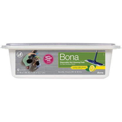 Bona Multi-Surface Floor Disposable Wet Cleaning Pads, for Stone Tile Laminate and LVT/LVP, Lemon Mint Scent, 12 Count