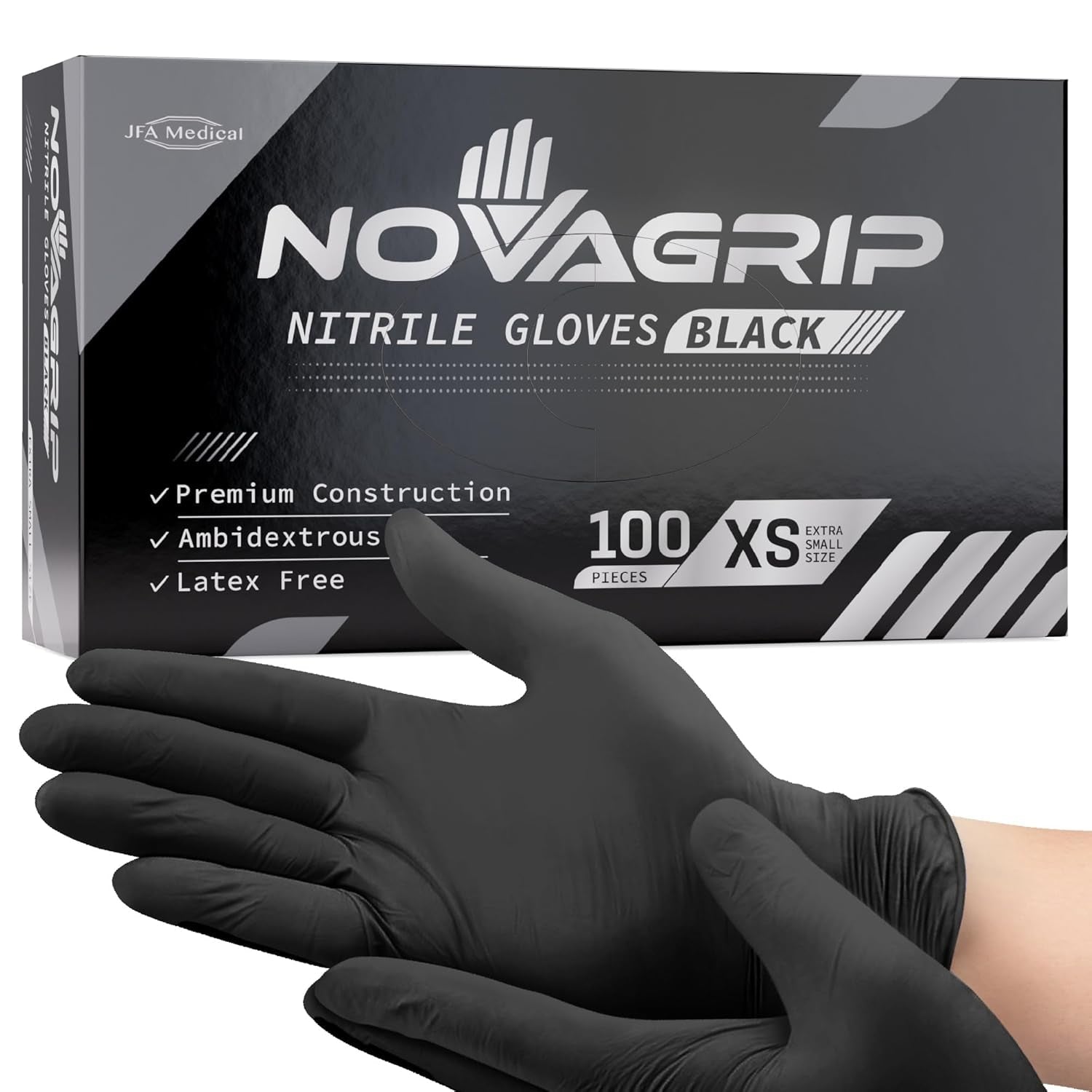 Novagrip JFA Medical Mechanic, Tattooist, Tattoo Disposable Powder Free Latex Free Black Nitrile Gloves - Box of 100 (Extra Large)