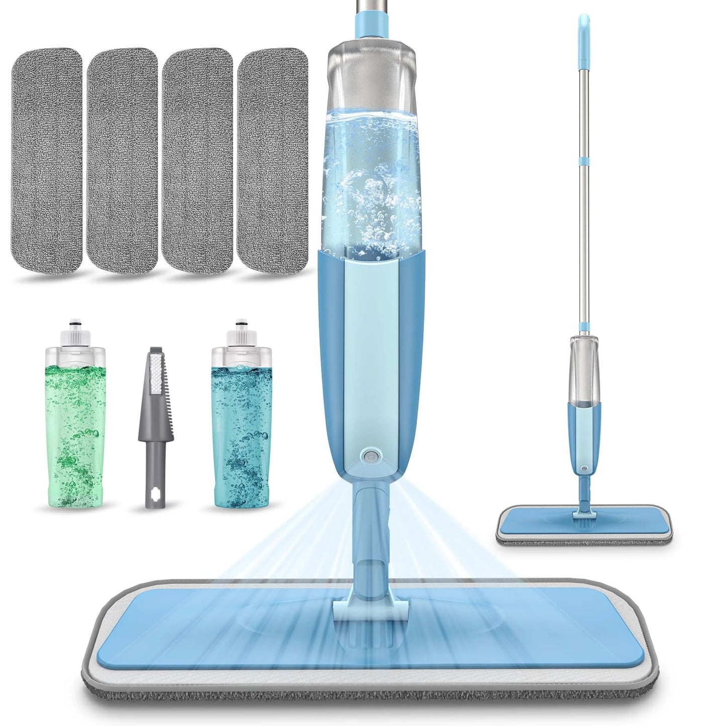 SUGARDAY Microfiber Spray Mops for Floor Cleaning with 4 Washable Pads 2 Refillable Bottle Blue