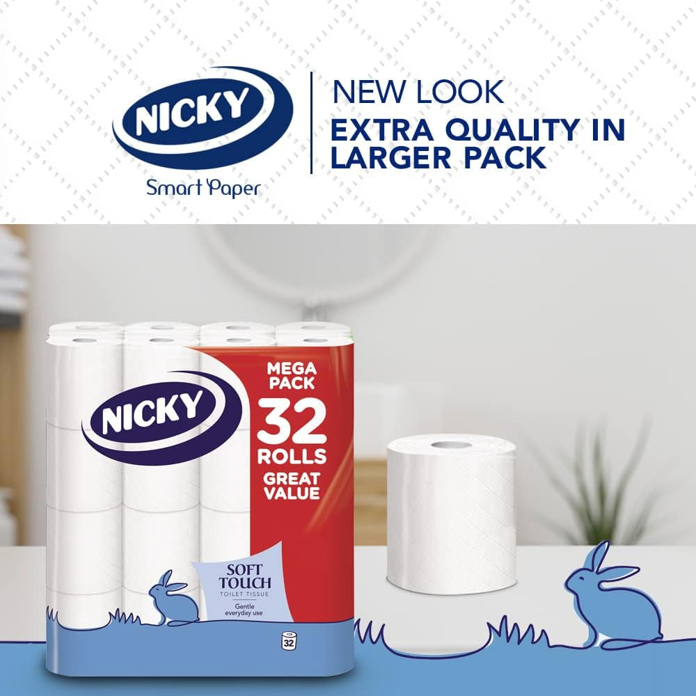 Nicky Soft Touch Toilet Tissue |Extra Value Pack – 32 Rolls of Extra Gentle White Toilet Paper |190 Sheets per Roll| 2-Ply | Soft Tissue | Modern Embossing |Easy Opening | 100% FSC Certified Paper