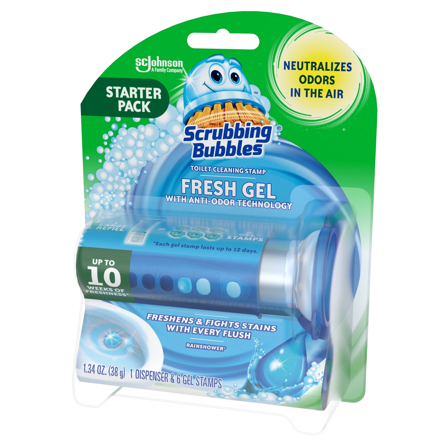 Scrubbing Bubbles Fresh Gel Toilet Bowl Cleaning Stamp, Rainshower, Dispenser with 6 Gel Stamps, 1.34 Oz