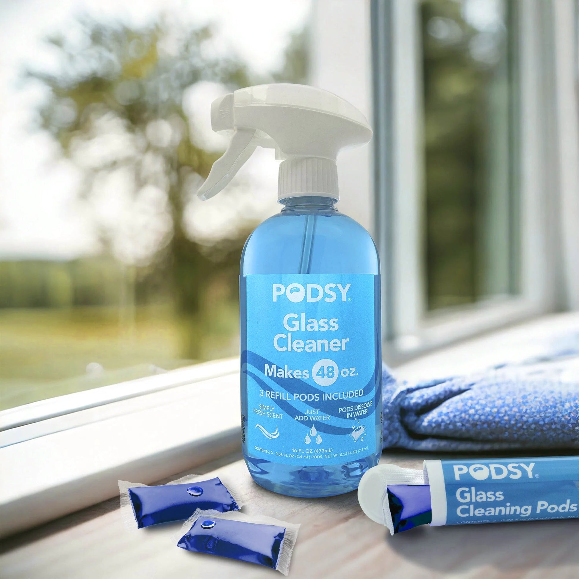 Podsy Glass Cleaning Set, Simply Fresh Scent, 16 Fl Oz Bottle and 3 Refill Pods Make 48Oz, Just Add Water