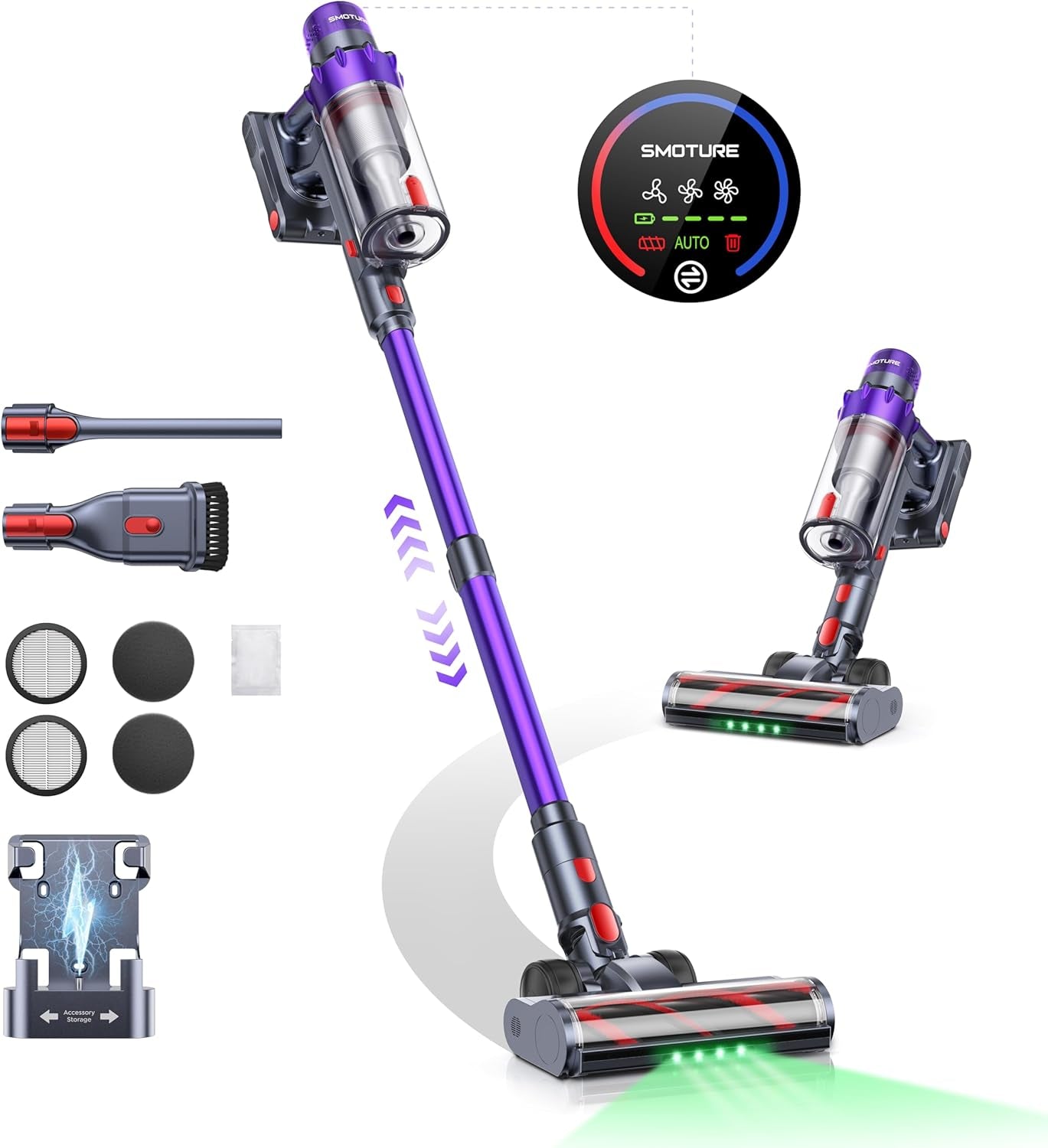 SMOTURE Cordless Vacuum Cleaner, 550W 45KPA Stick Vacuum with Touch Screen, up to 60 Mins Runtime, Self-Standing Vacuum with Auto Mode, Lightweight Vacuums for Hardwood Floor Carpet Car Pet Hair