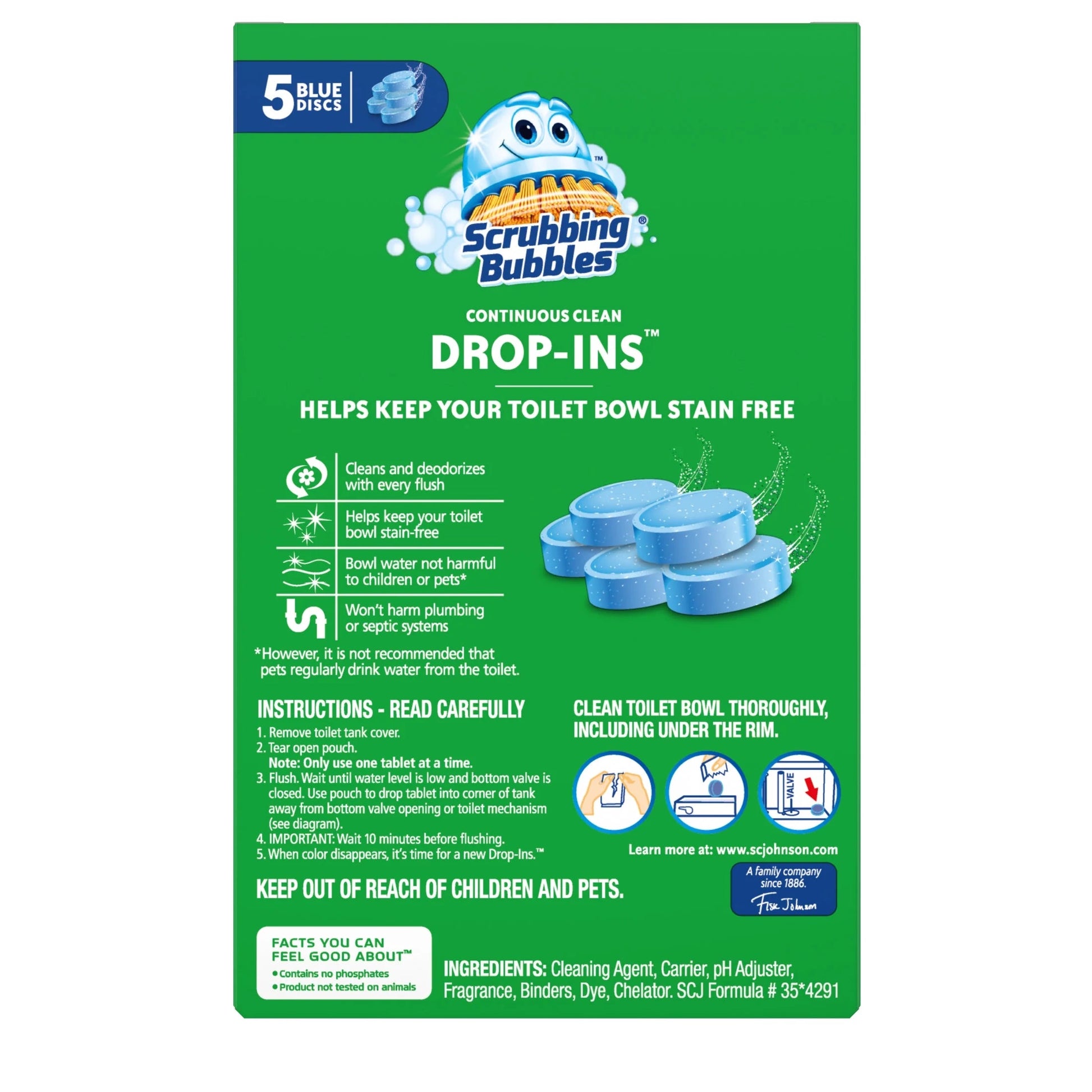 Scrubbing Bubbles Continuous Clean Drop-Ins - One Toilet Bowl Cleaner Tablet Lasts up to 4 Weeks, 5 Blue Discs, 7.05 Oz