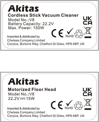 Akitas Cordless Vacuum Cleaner Upright Handheld Stick Lightweight Rechargeable Lithium Battery Good for Carpet, Pet Hair (AKV8)