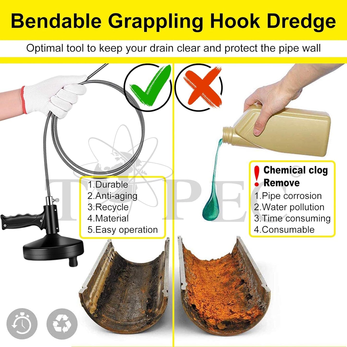 Topec 6 in 1 Snake Drain Auger 7.62M, Professional Sink Snake Hair Clog Remover Heavy Duty Pipe Snake for Bathtub Drain, Bathroom Sink, Kitchen and Shower, Snake Drain Cleaner with Gloves