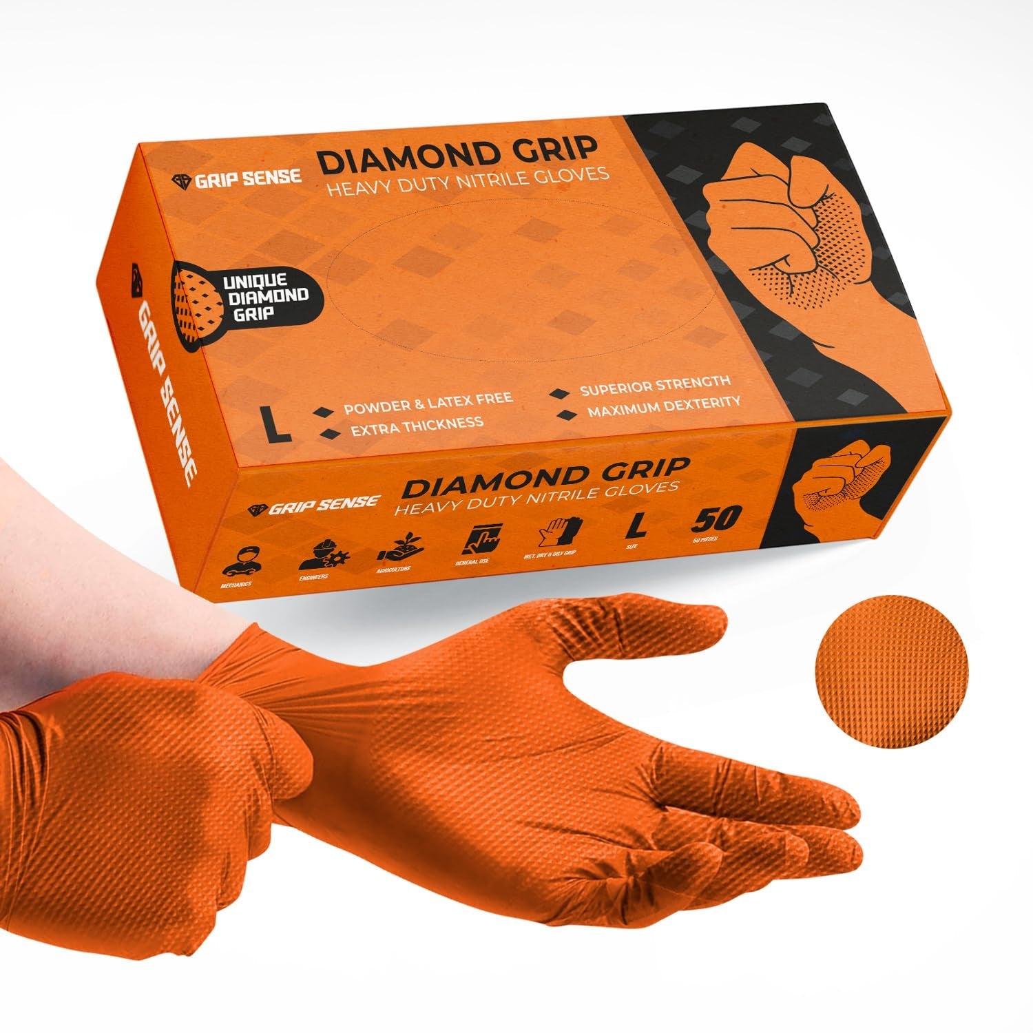 Gripsense Nitrile Gloves (2 Packs of 50) - High Density Diamond Grip Orange Gloves - Latex & Powder Free Orange Nitrile Gloves Large - Mechanic Gloves Extra Thick & Super Strong - Max Dexterity L5