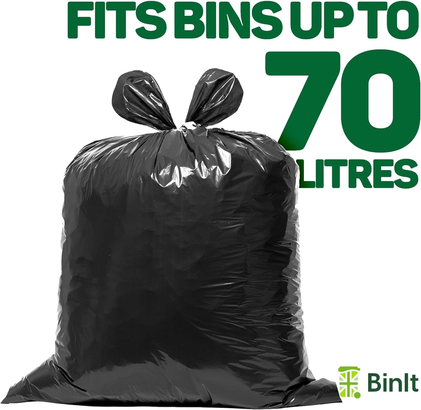 Binit 90 Jumbo Pack Everyday 70L Strong & Secure, Refuse Sacks, Bin Bags, Bin Liners, Flat Top, Recycled, Tear Resistant, 30 Μm, Perfect for Everyday Use, Household, Office, Kitchen & Caterers