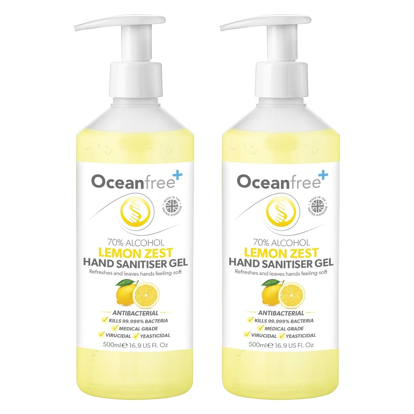 Lemon Zest Hand Sanitiser Gel - 500Ml Pump Bottle - 70% Alcohol - Made in the UK (Pack of 2)