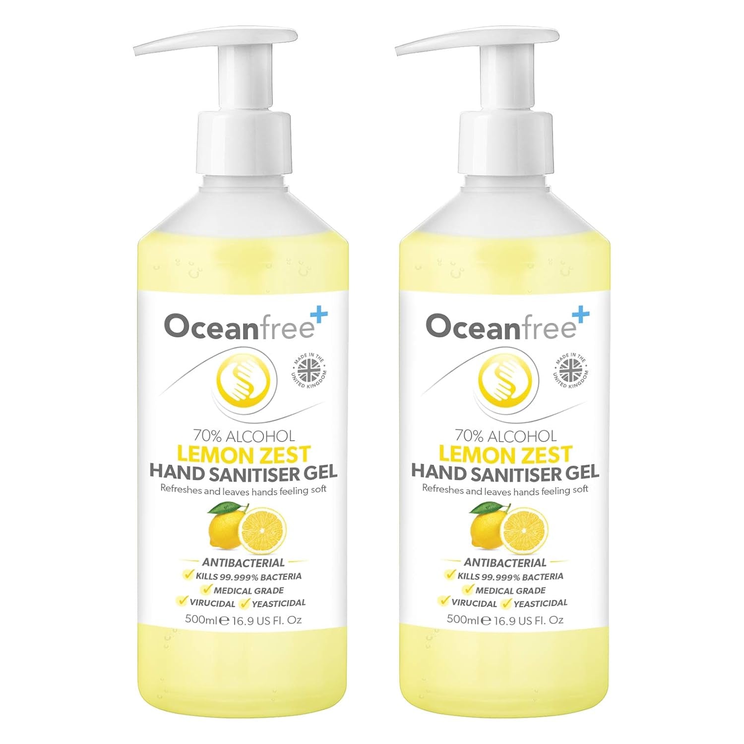 Lemon Zest Hand Sanitiser Gel - 500Ml Pump Bottle - 70% Alcohol - Made in the UK (Pack of 2)