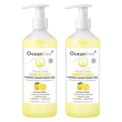 Lemon Zest Hand Sanitiser Gel - 500Ml Pump Bottle - 70% Alcohol - Made in the UK (Pack of 2)