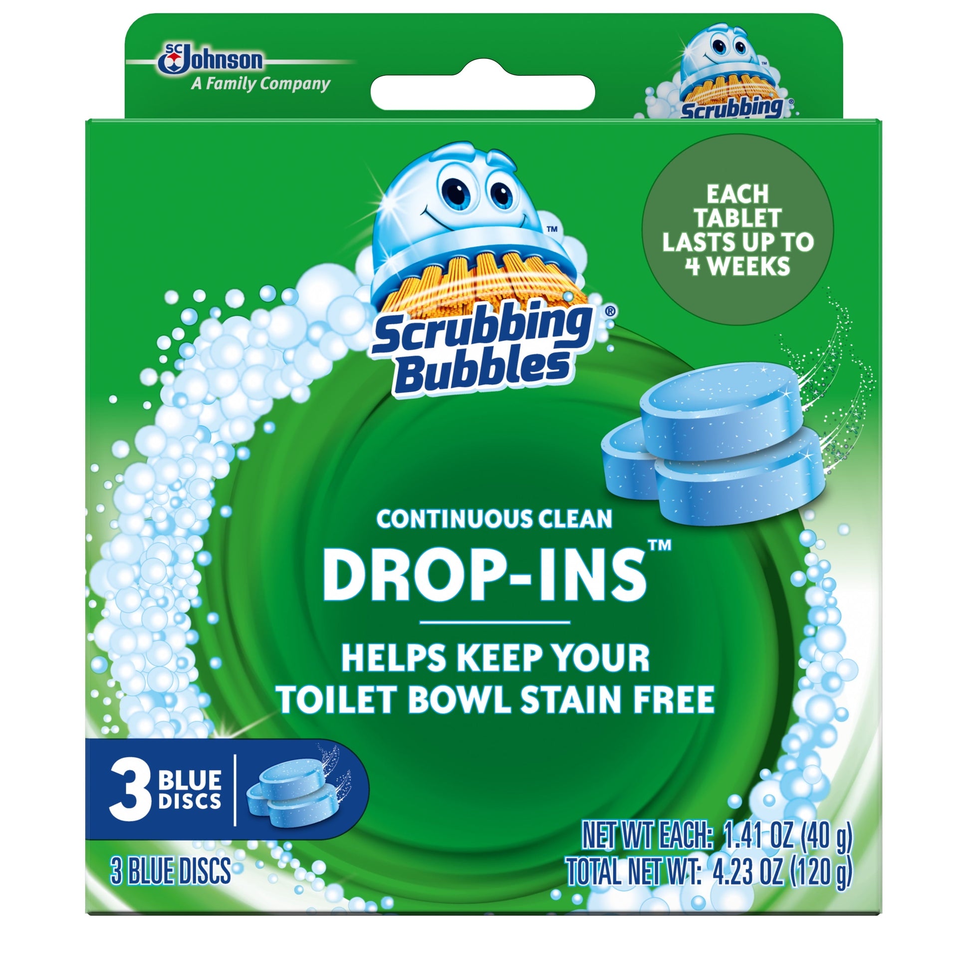 Scrubbing Bubbles Continuous Clean Drop-Ins - One Toilet Bowl Cleaner Tablet, 4.23 Oz, 3 Blue Discs