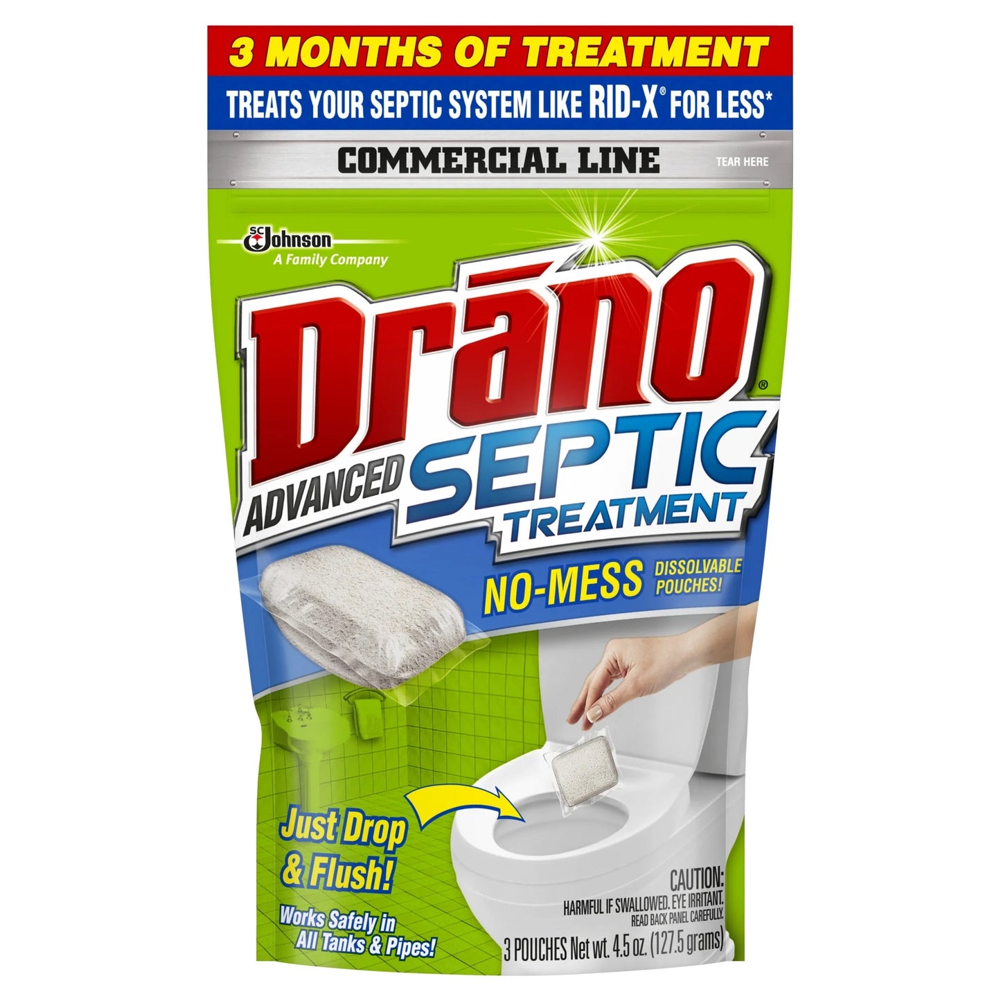 Drano Advanced Septic Treatment, Monthly Flushable Septic Tank Enzyme Care, 4.5 Oz, 3 Count