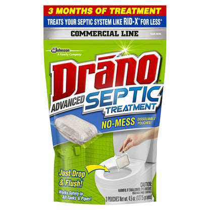 Drano Advanced Septic Treatment, Monthly Flushable Septic Tank Enzyme Care, 4.5 Oz, 3 Count