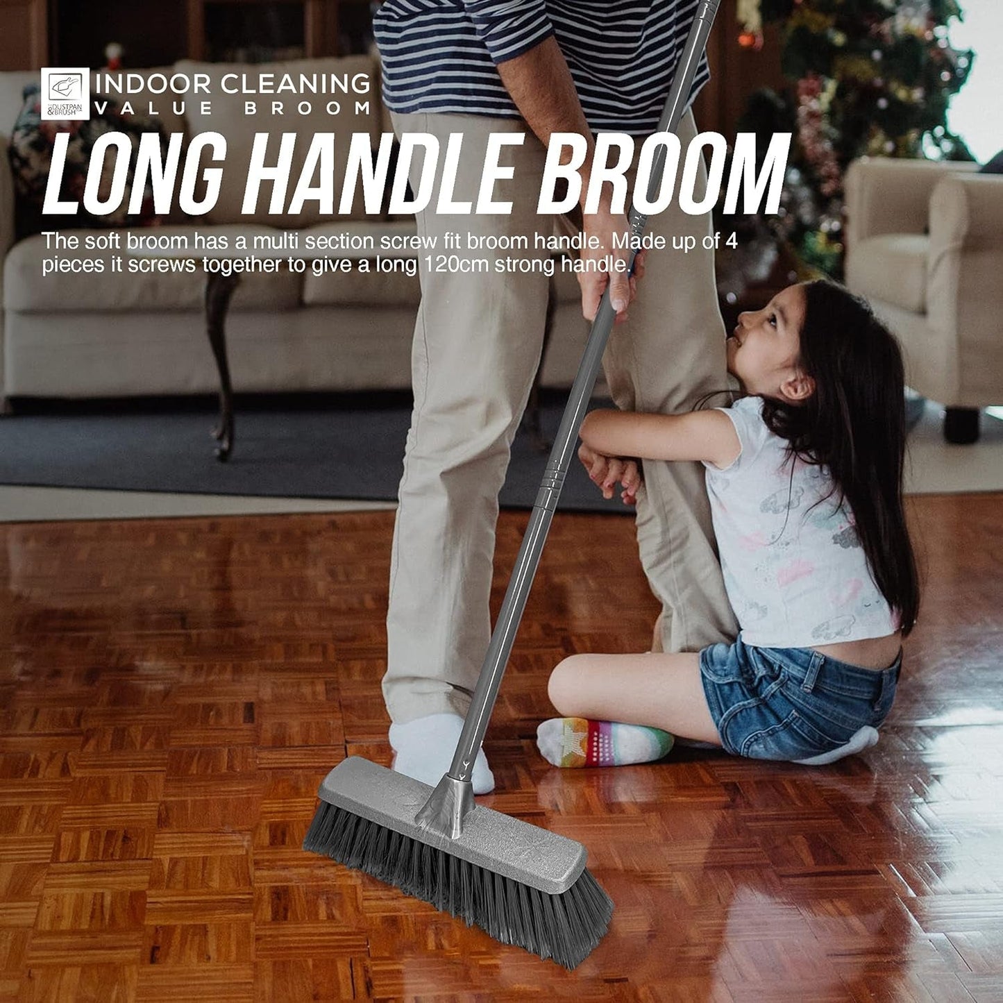 TDBS Soft Indoor Broom (Grey, 120Cm) - Perfect for Laminate, Vinyl or Wooden Floor, with Multi-Section Handle and Flagged Bristle