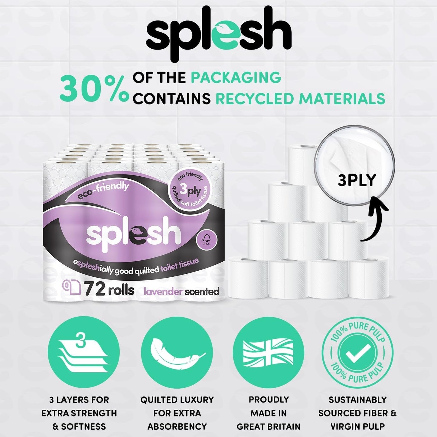 Splesh by Cusheen 3-Ply Toilet Roll-Lavender Fragrance 72 Pack Soft, Quilted Bulk Toilet Tissue & Loo Rolls- Eco-Friendly Sustainably Crafted in the UK