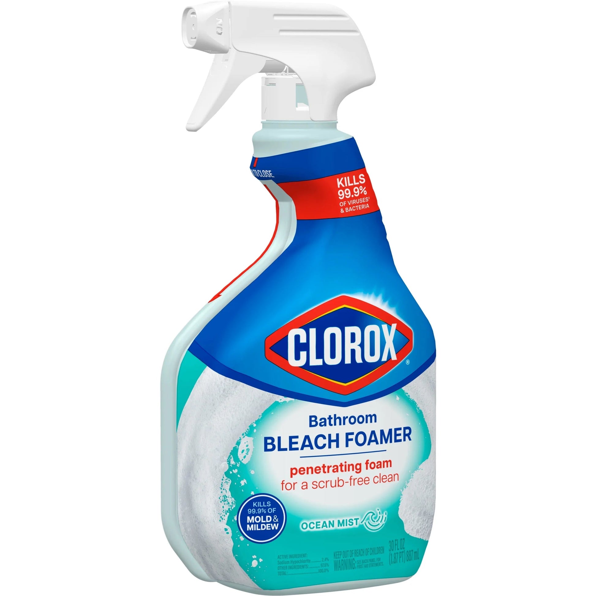 Clorox Bleach Foamer Bathroom and Shower Cleaner Spray, Ocean Mist, 30 Fl Oz