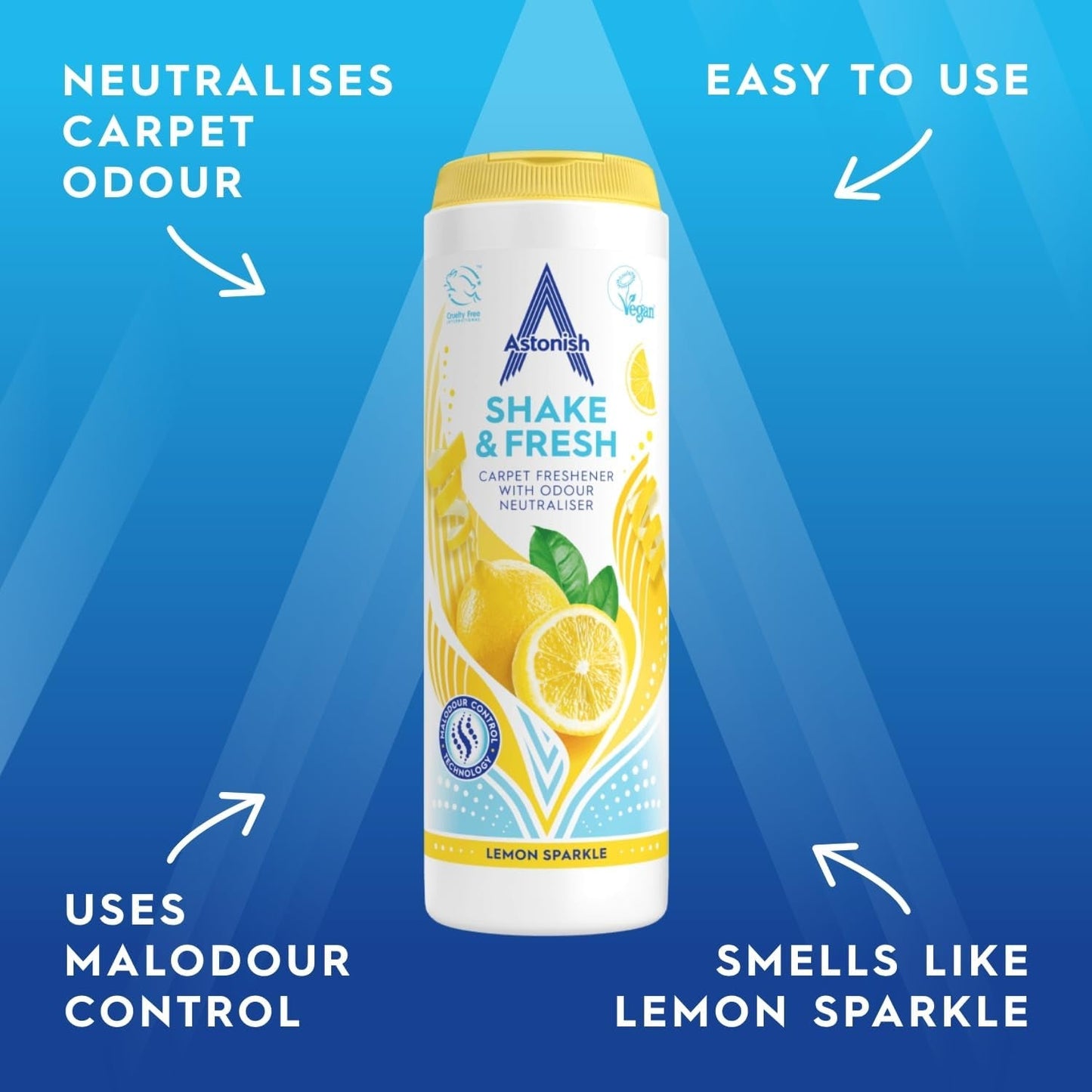 Astonish Shake & Fresh Carpet Freshener, Eliminates Odours, Lemon Sparkle, 350G