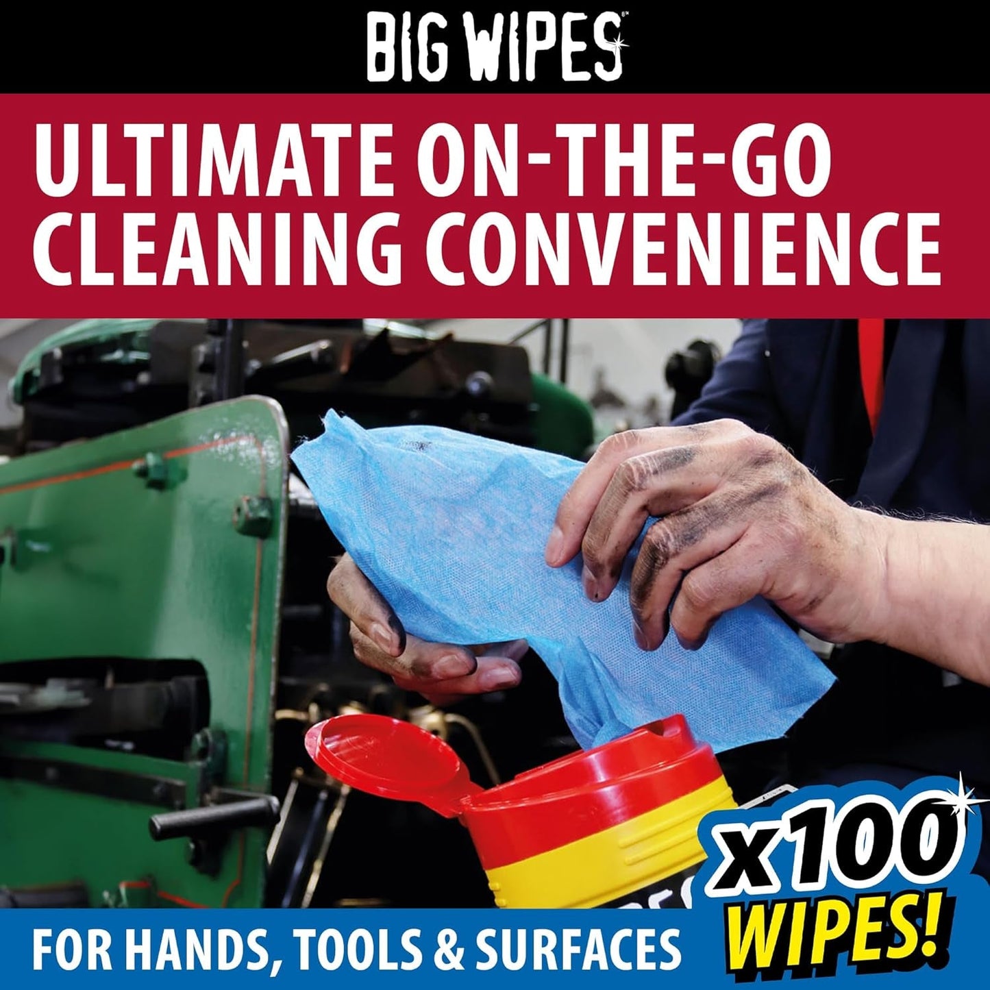 Big Wipes Heavy Duty Pro+ Wipes in Dispenser Tub (X100) Textured Dual-Sided Hand Wipes with Skincare Cleans Hands, Tools & Surfaces. Heavy Duty Wipes & Industrial Cleaning Products for Tradespeople