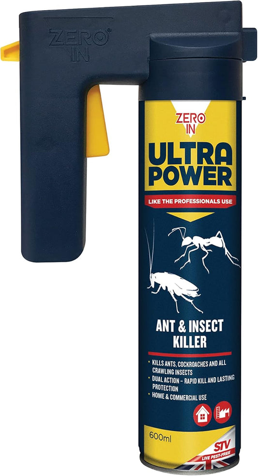 Zero in Ultra Power Ant & Insect Killer - 600 Ml Trigger Aerosol Indoor Use Professional Strength Long-Lasting Protection Kills Cockroaches, Earwigs, Woodlice and Silverfish, Blue