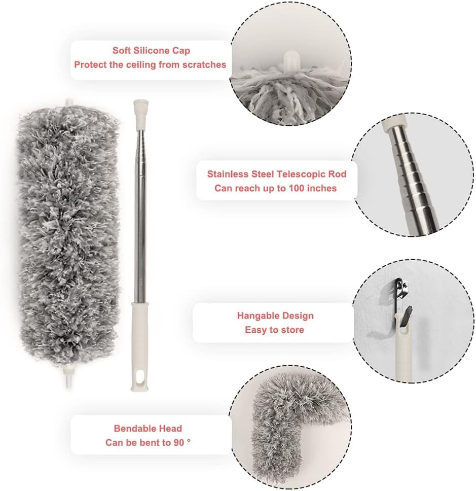 Feather Duster,Extendable Duster Microfiber Long Extension Pole Scratch Resistant Cover, Washable, Cleaning High Ceiling Fans, Blinds, Cobweb (Grey)