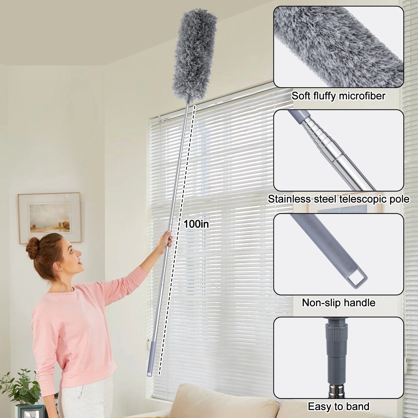 Treamon Microfiber Duster for Cleaning High Ceilings, Washable Reusable Dusters with Extension Pole (30" to 100"), 12 Pcs, Gray