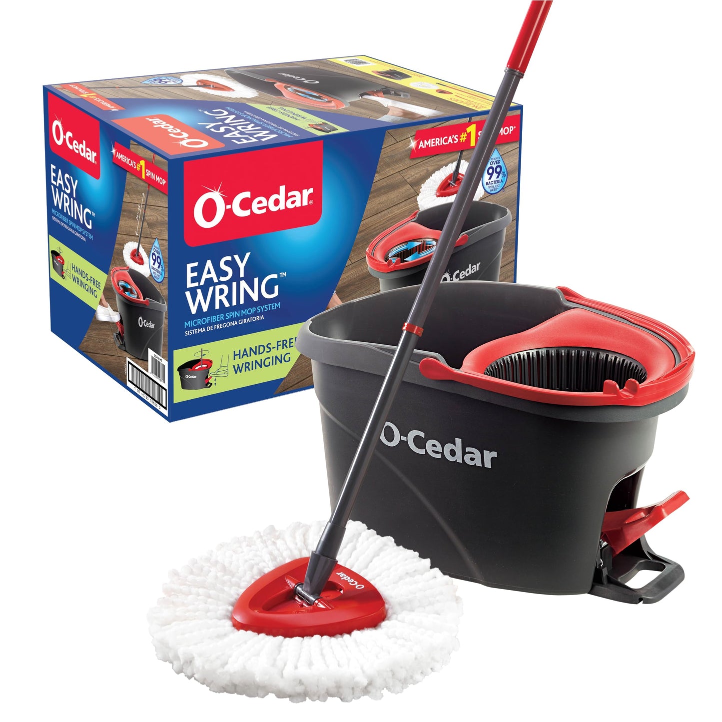 O-Cedar EasyWring Microfiber Spin Mop & Bucket Floor Cleaning System + 2 Extra Refills, Red/Gray