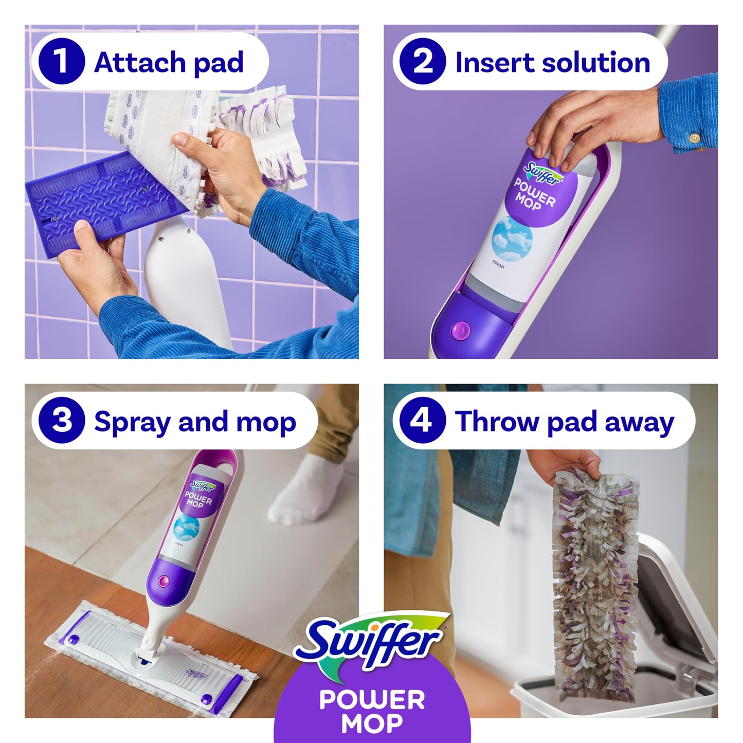 Swiffer PowerMop Multi-Surface Mop Kit for Floor Cleaning, Includes PowerMop, 2 Mopping Pad Refills, 1 Cleaning Solution with Fresh Scent and Batterie