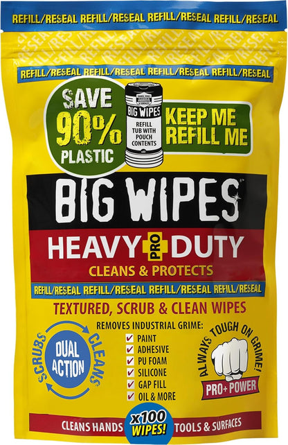 Big Wipes Heavy Duty Pro+ Wipes in Dispenser Tub (X100) Textured Dual-Sided Hand Wipes with Skincare Cleans Hands, Tools & Surfaces. Heavy Duty Wipes & Industrial Cleaning Products for Tradespeople