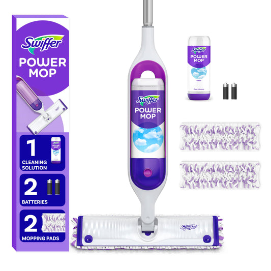 Swiffer PowerMop Multi-Surface Mop Kit for Floor Cleaning, Includes PowerMop, 2 Mopping Pad Refills, 1 Cleaning Solution with Fresh Scent and Batterie