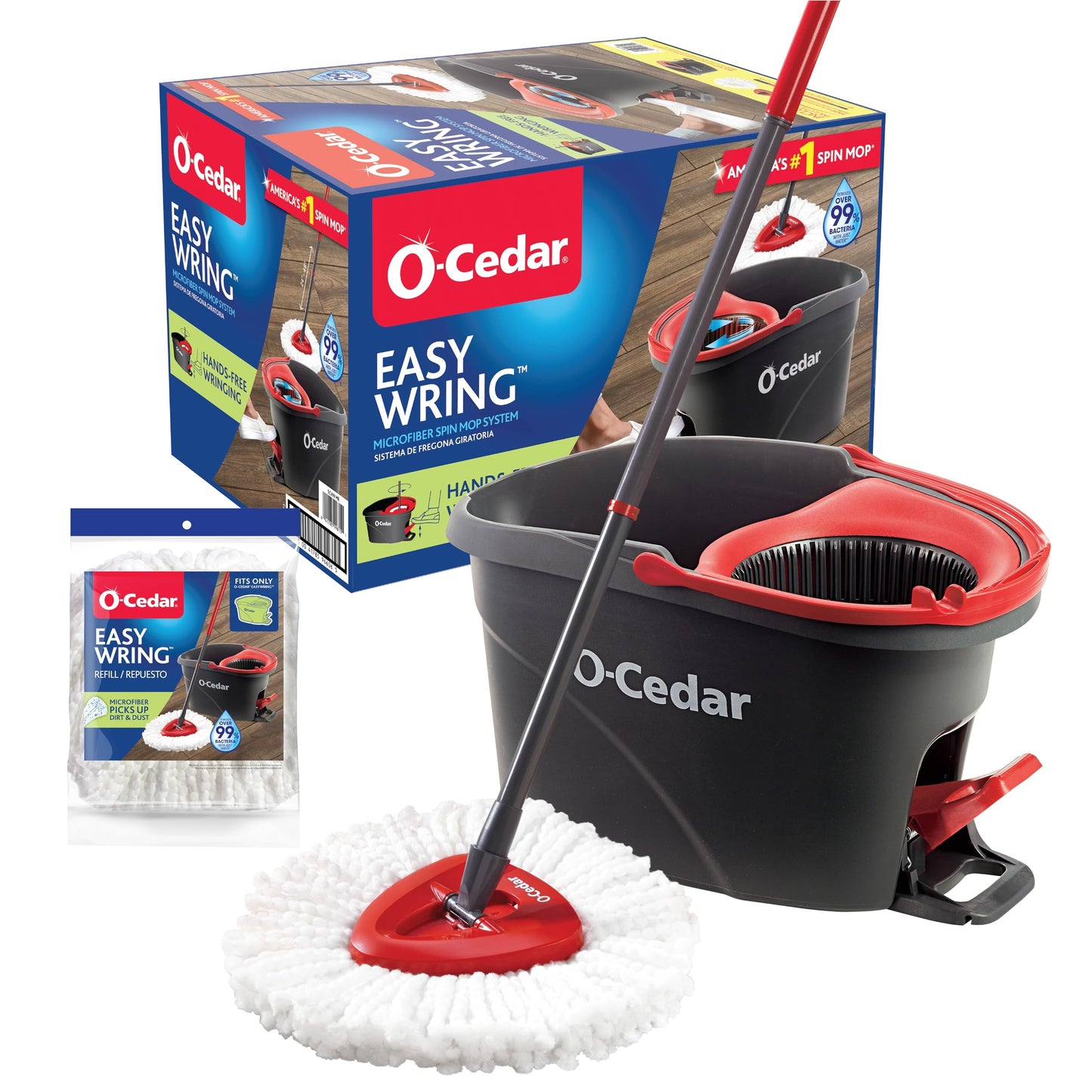 O-Cedar EasyWring Microfiber Spin Mop & Bucket Floor Cleaning System + 2 Extra Refills, Red/Gray