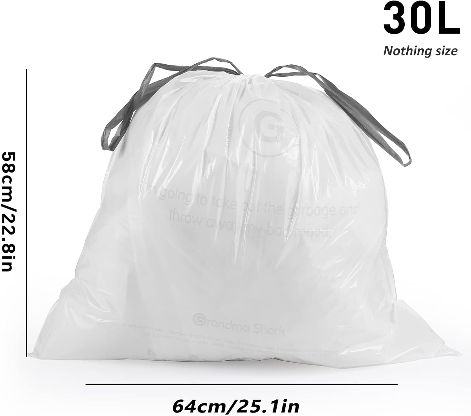 GRANDMA SHARK Bin Bags Liners, 100 Unscented Waste Bags, up to 35L, 100 Count, Drawstring, Anti-Drip, Super Strong, White, Low Density Polyethylene