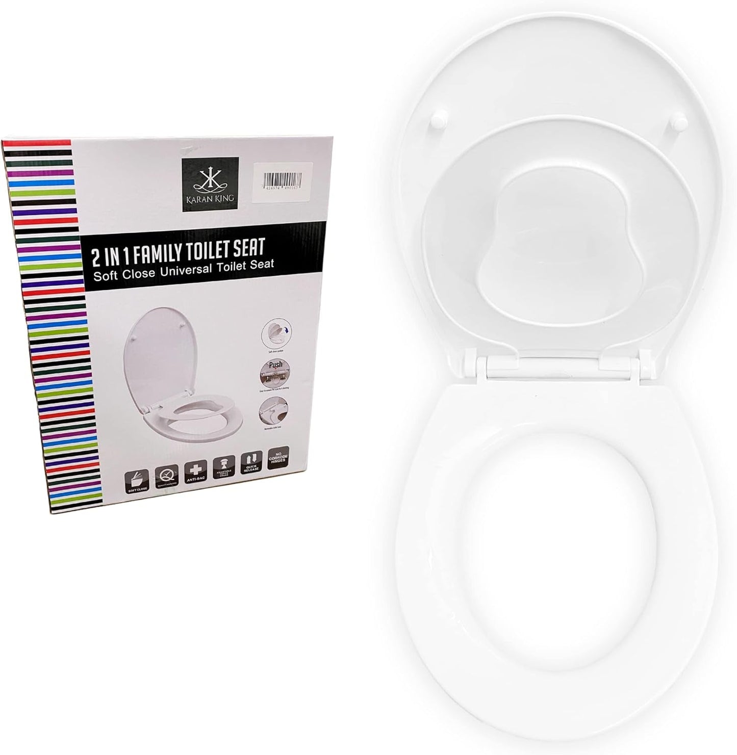 KARAN KING - Convenient Quick-Release Family Toilet Seat for Easy Cleaning and Potty Training - Adjustable 360 Degree Hinges for Adult and Kid-Friendly Use - Kid-Friendly Toilet Seat, Easy Fit