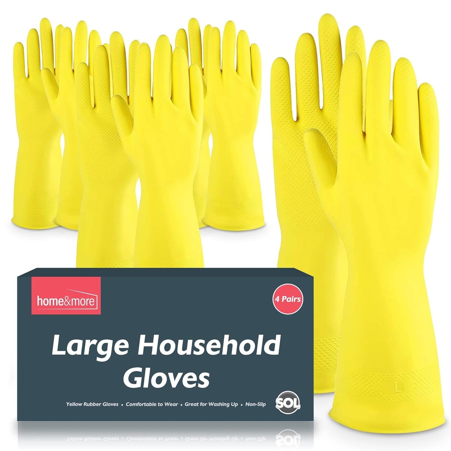 SOL 4 Pairs Large Household Gloves, Yellow Heavy Duty Rubber Gloves for Cleaning with Non-Slip Grip, Durable Waterproof Design for Kitchen, Bathroom & Dishwashing, Multipurpose & Comfortable to Use