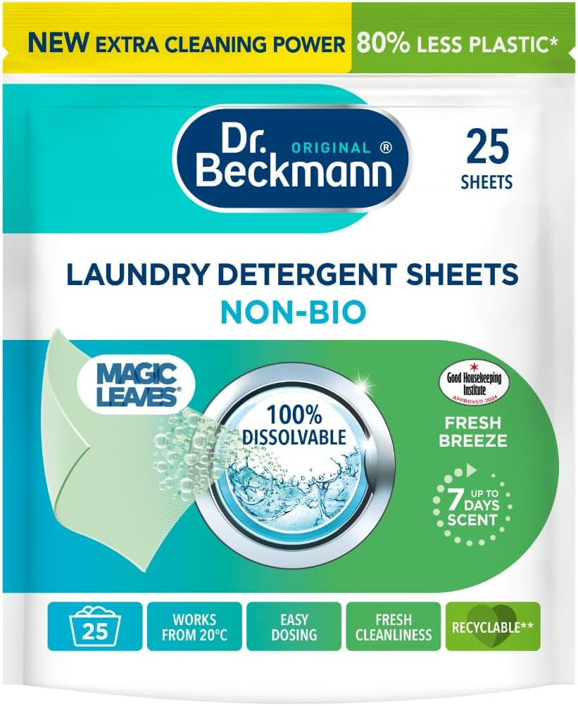 Dr. Beckmann MAGIC LEAVES Laundry Detergent Sheets NON-BIO | Convenient and Pre-Dosed Laundry Detergent Sheets | Dissolvable Climate Neutral and Easy to Use | 25 Sheets