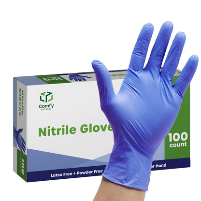 Comfy Package [100 Count Blue Nitrile Gloves, Disposable Gloves - 4 Mil, Latex & Rubber Free, Non-Sterile Powder Free Gloves - Medium