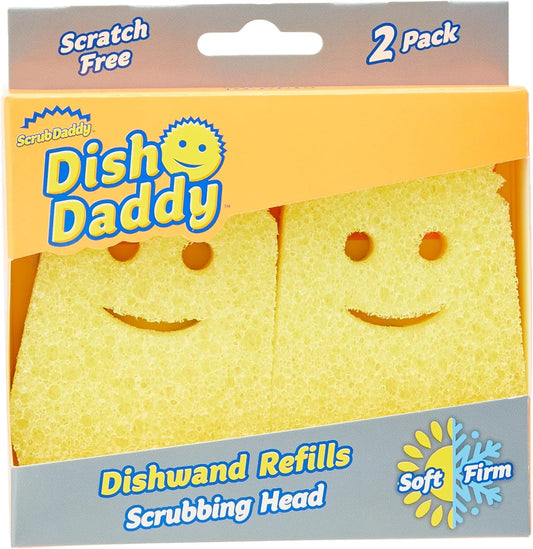 Scrub Daddy Dish Wand Scrubbing Brush Replacement Heads, Soap Dispensing Brushes, Texture Changing Washing up Sponges, Detachable Dish Daddy Head Sponge Refills, Yellow 2 Pack