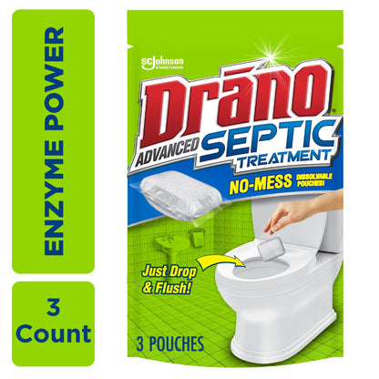 Drano Advanced Septic Treatment, Monthly Flushable Septic Tank Enzyme Care, 4.5 Oz, 3 Count